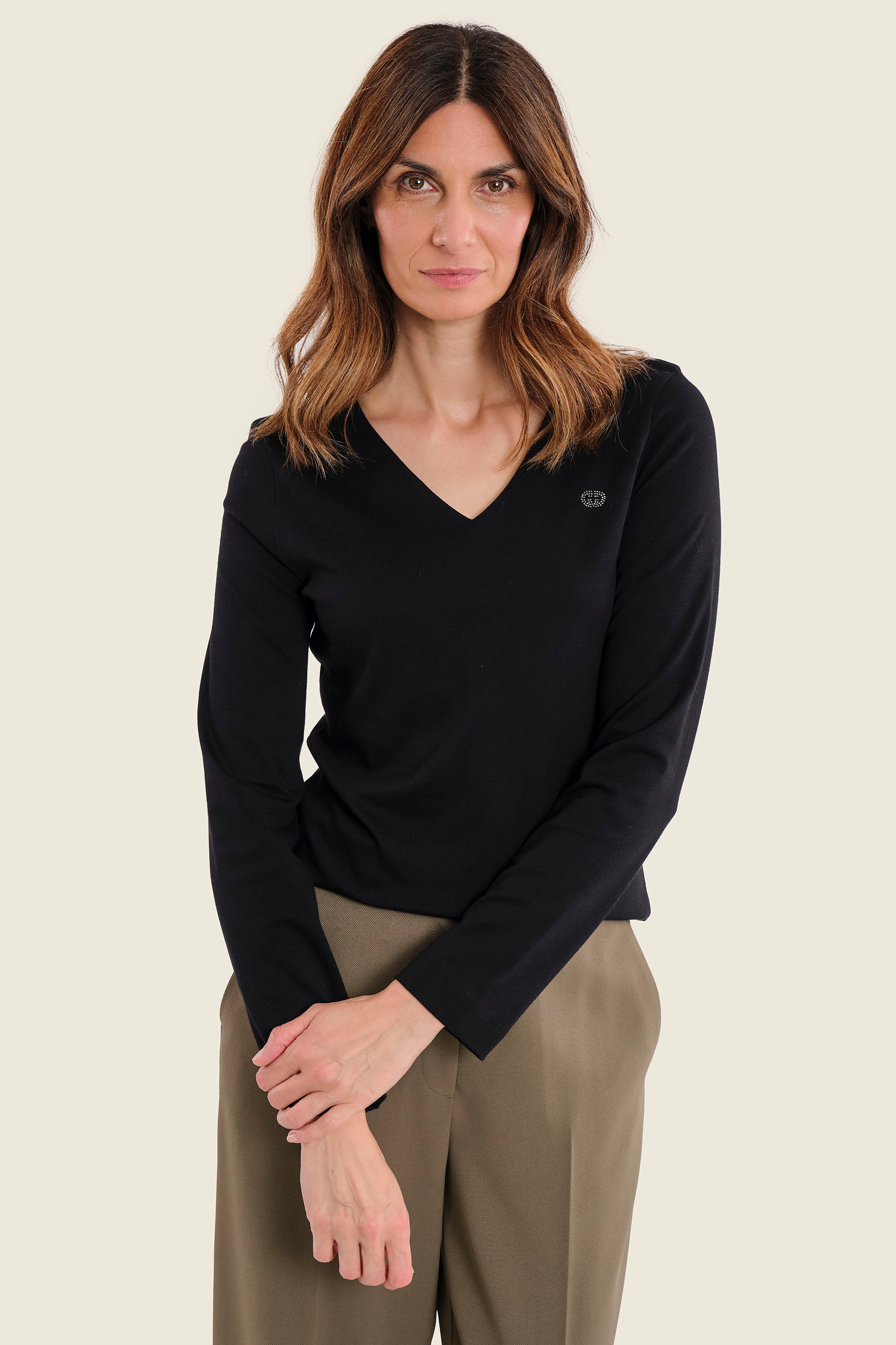 Langarmshirt aus Baumwolle mit V-Ausschnitt, Schwarz