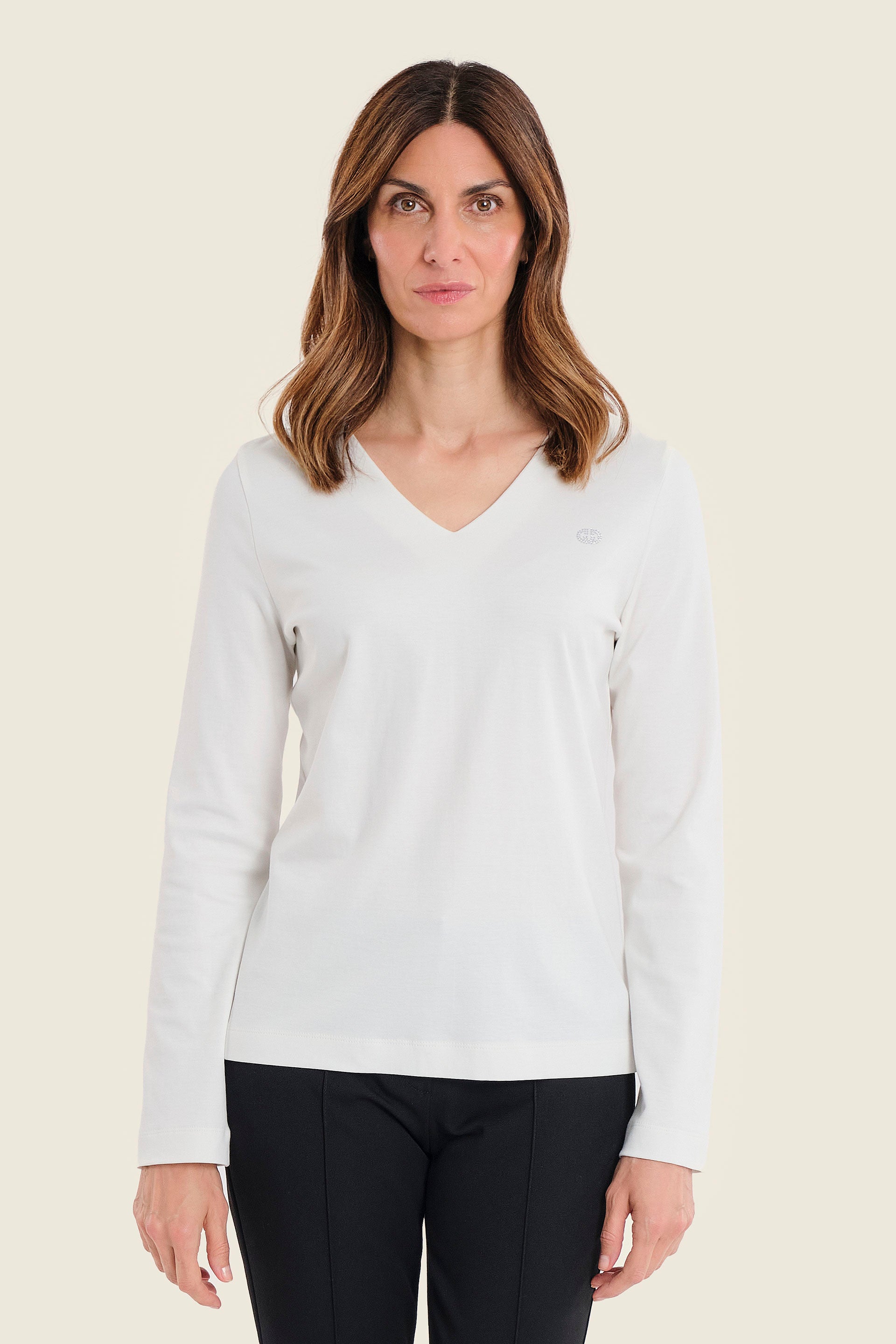 Langarmshirt aus Baumwolle mit V-Ausschnitt, Wollweiß