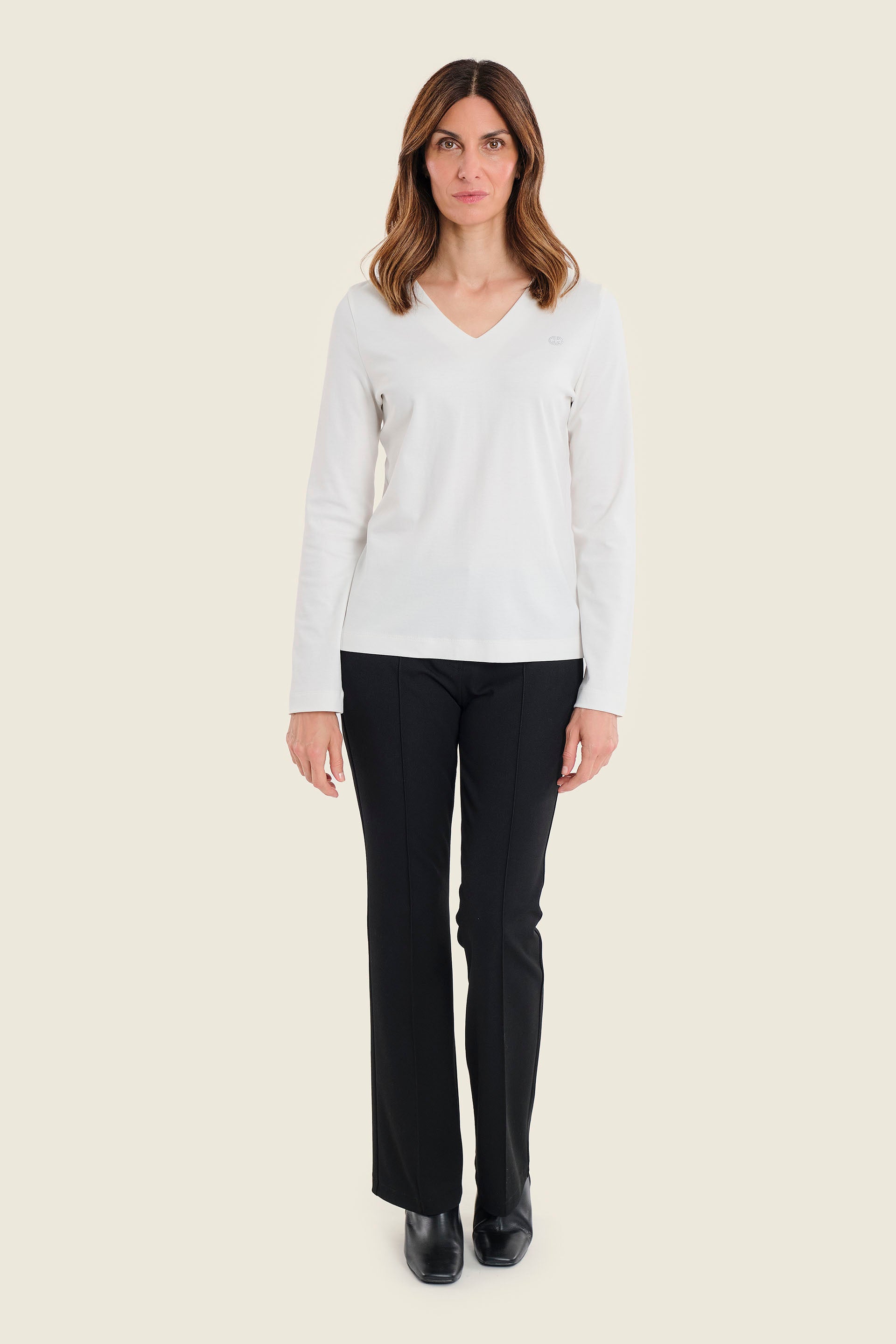 Langarmshirt aus Baumwolle mit V-Ausschnitt, Wollweiß
