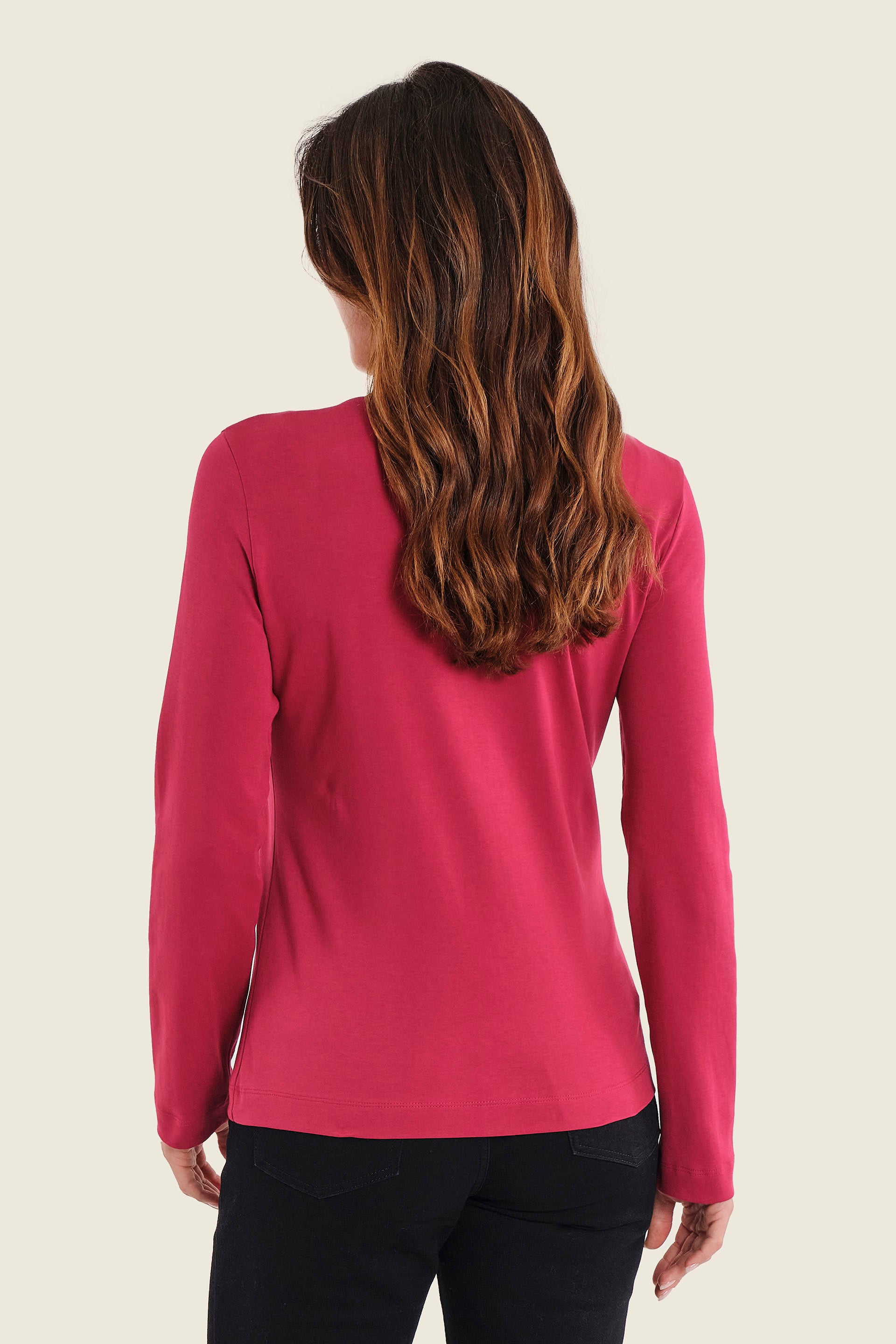 Langarmshirt aus Baumwolle mit V-Ausschnitt, Rubinrot