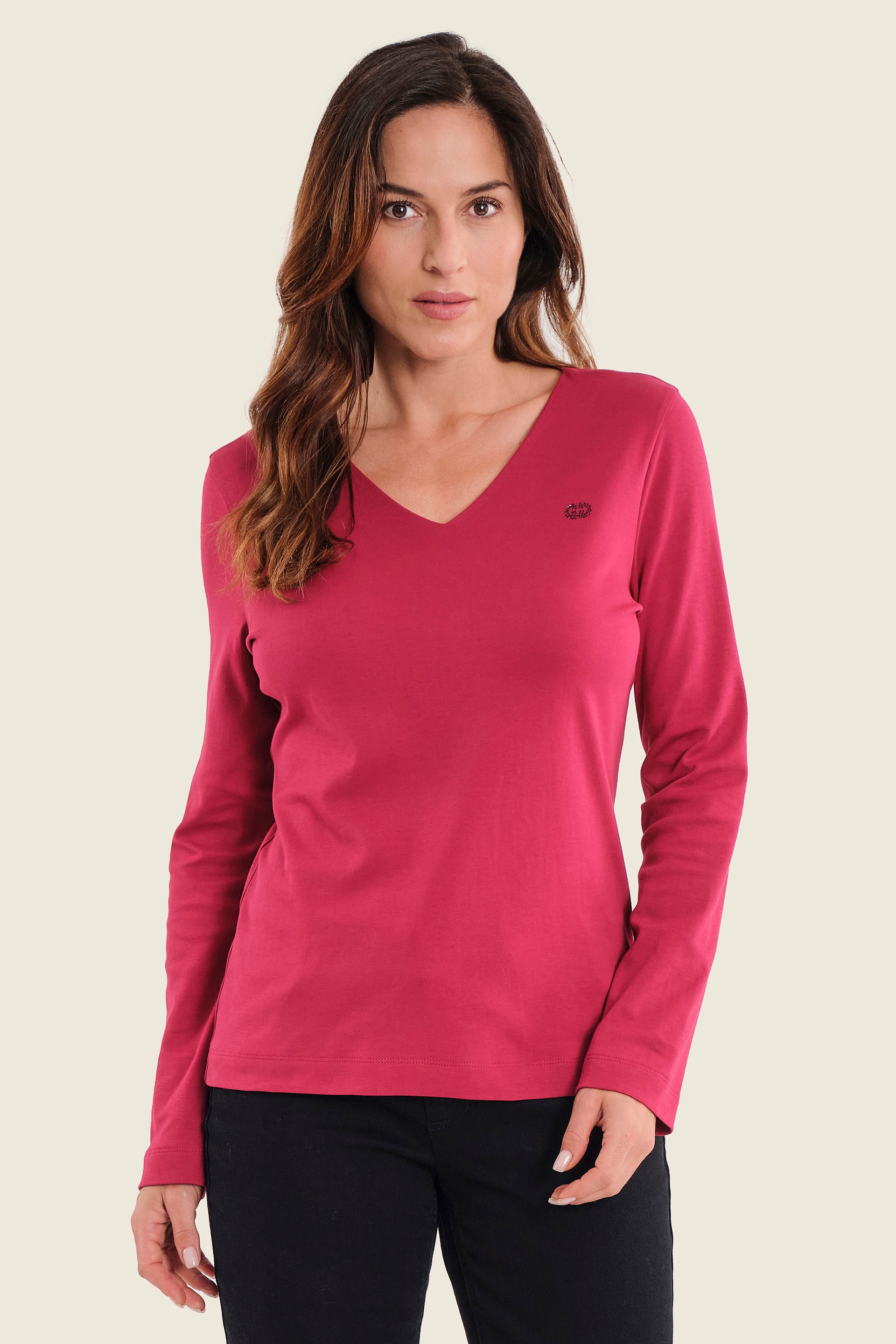 Langarmshirt aus Baumwolle mit V-Ausschnitt, Rubinrot
