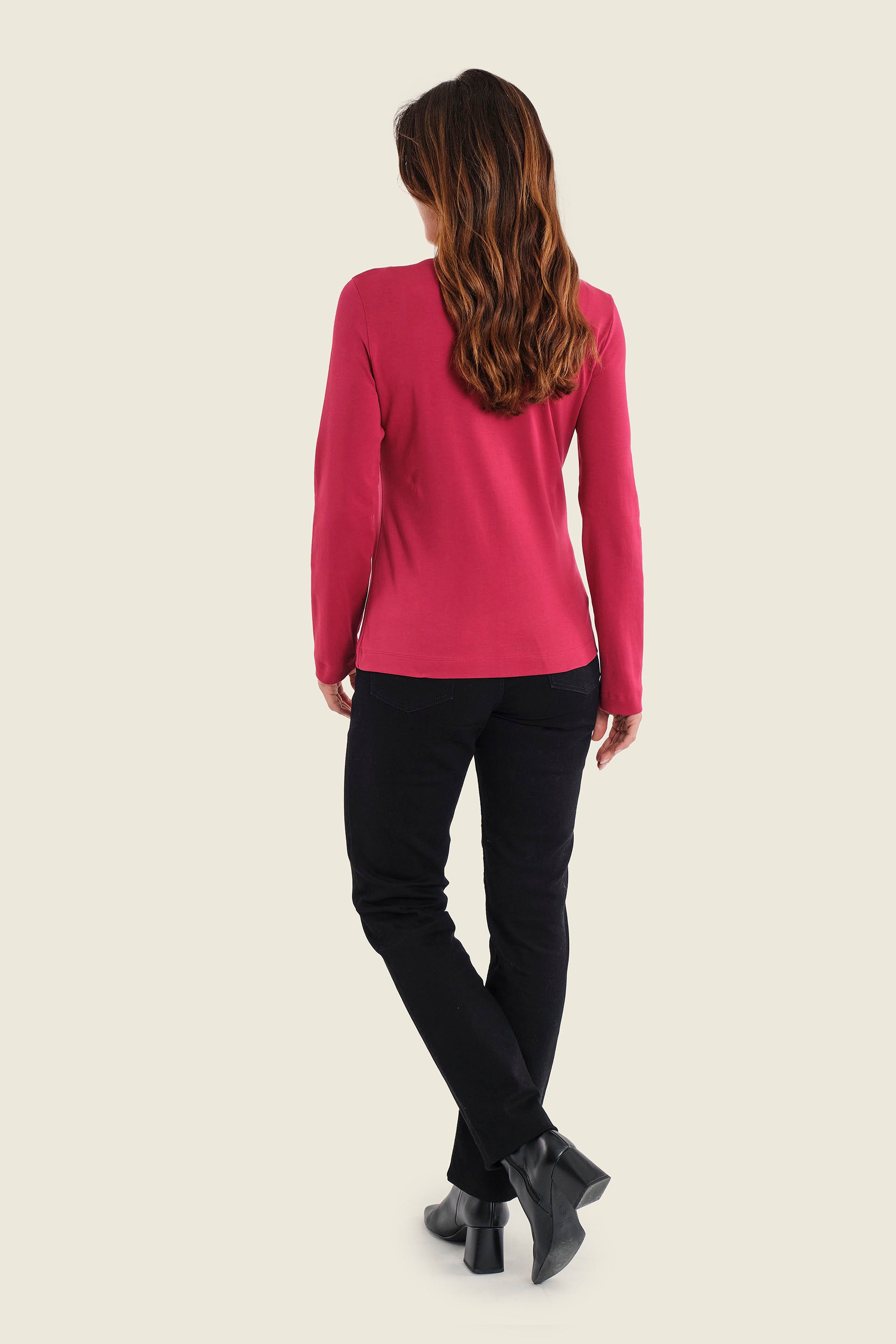 Langarmshirt aus Baumwolle mit V-Ausschnitt, Rubinrot