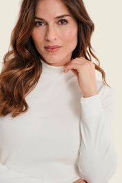 Ripp-Langarmshirt mit Rüschenkragen, Wollweiß