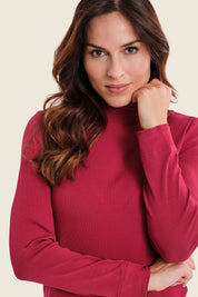 Ripp-Langarmshirt mit Rüschenkragen, Rubinrot