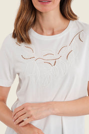T-Shirt mit Blumenstickerei, Wollweiß