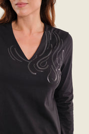 Shirt mit V-Ausschnitt und Pailletten, Schwarz