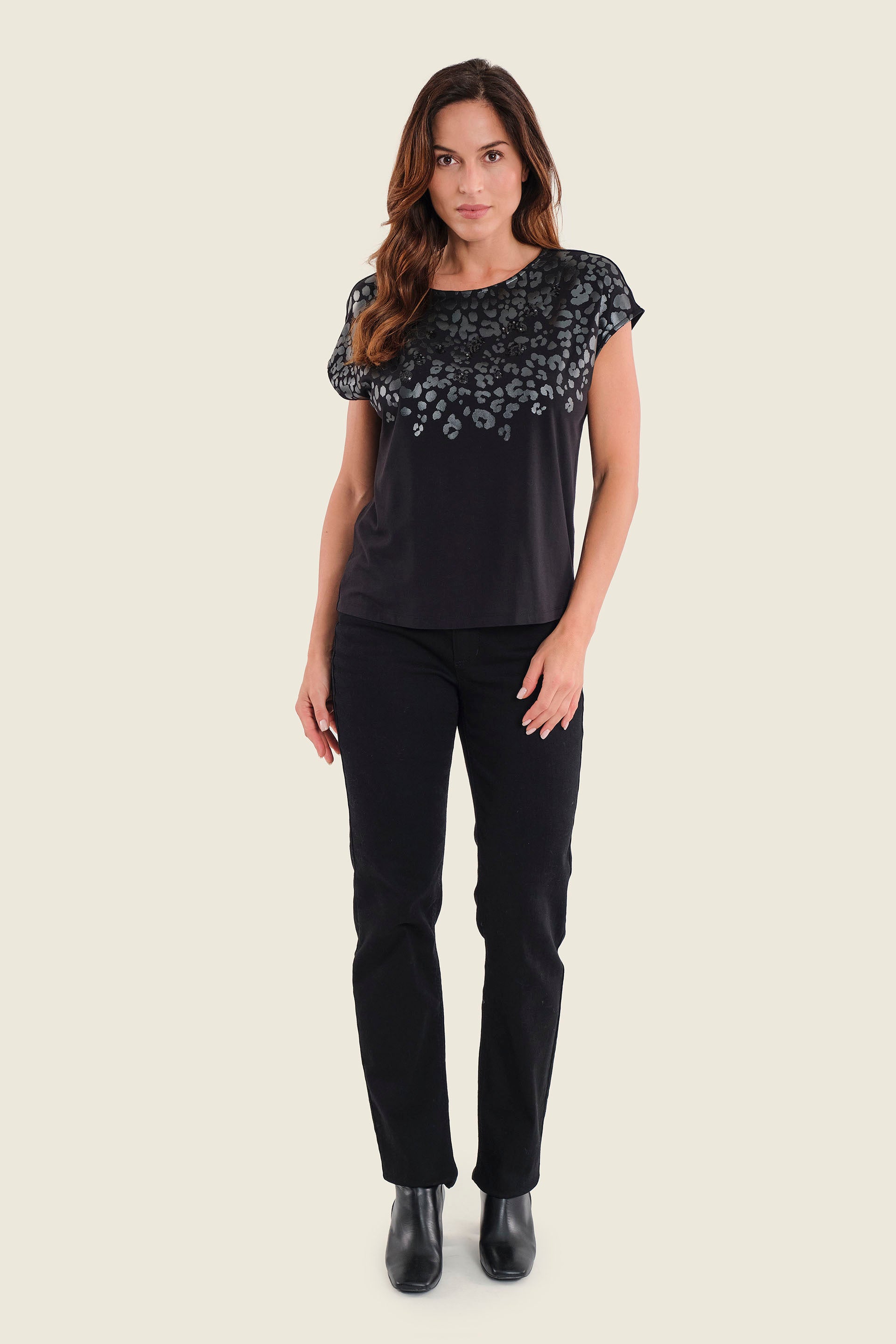 T-Shirt mit beflocktem Tiermotiv, Schwarz
