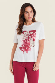 T-Shirt mit Blumendruck und Folienveredelung, Wollweiß