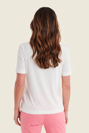T-Shirt mit Blumendruck und Ziersteinen, Wollweiß