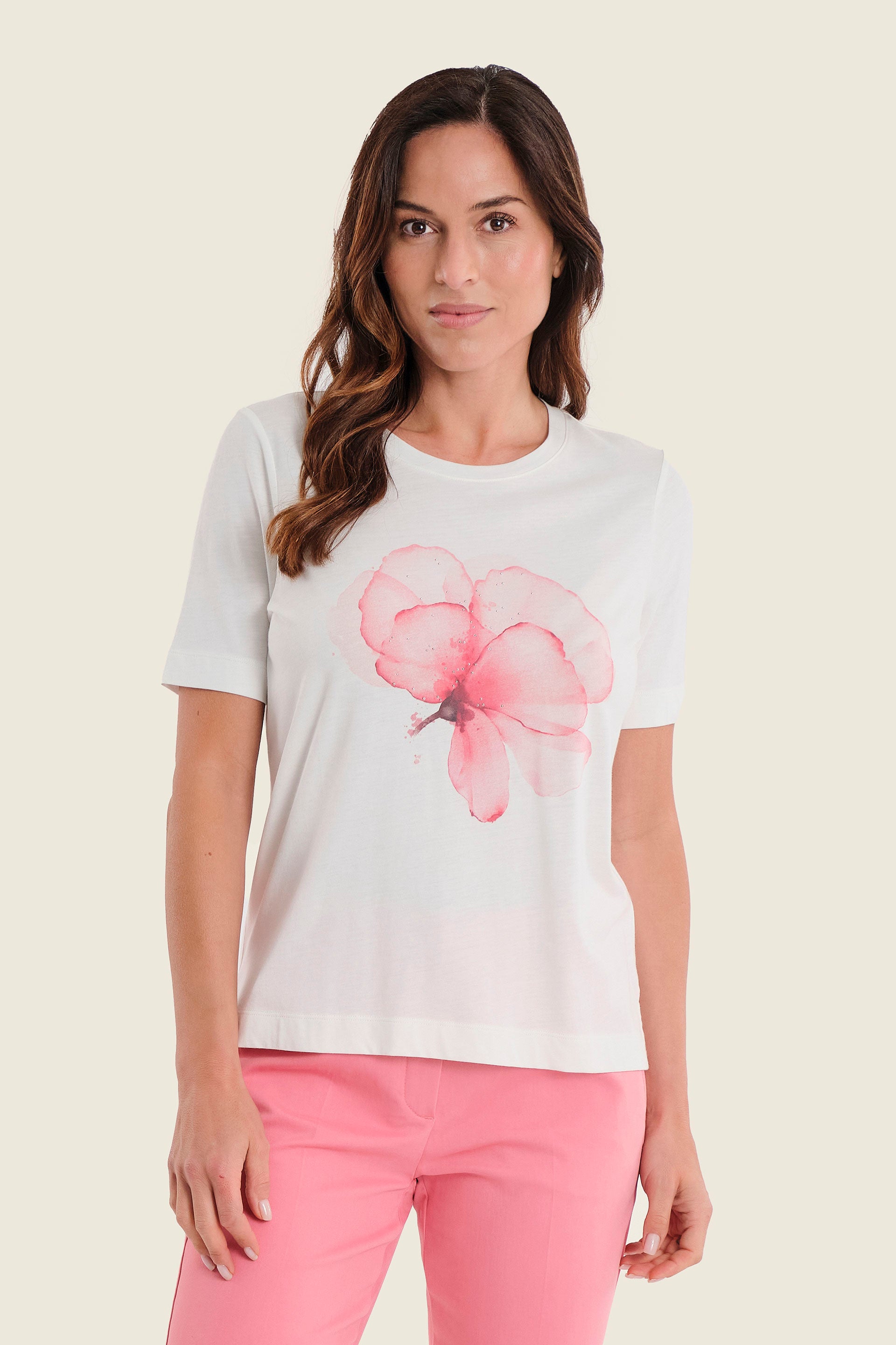 T-Shirt mit Blumendruck und Ziersteinen, Wollweiß