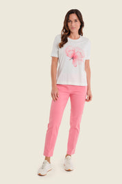 T-Shirt mit Blumendruck und Ziersteinen, Wollweiß