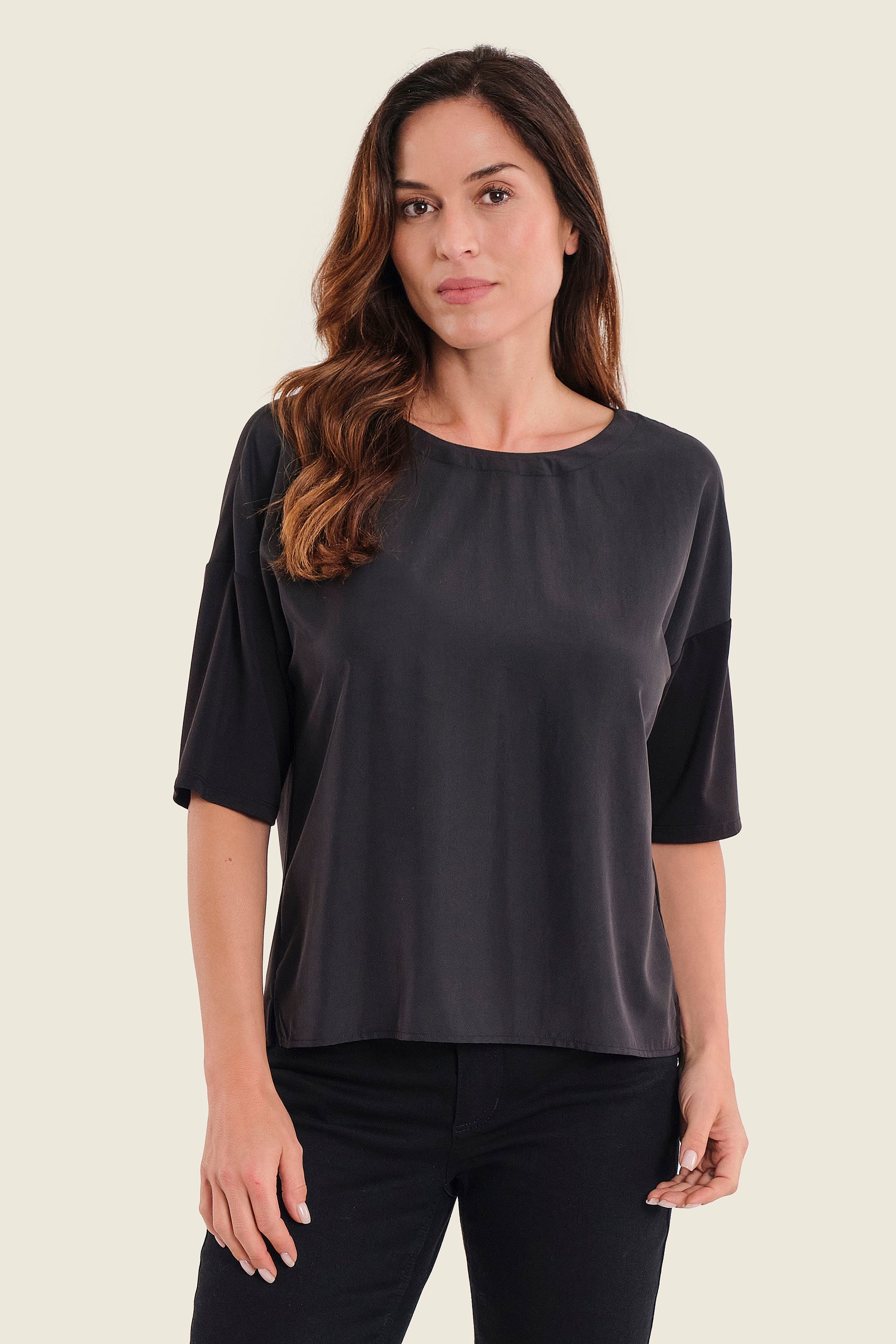 Lockeres Shirt mit verlängertem Rücken, Schwarz