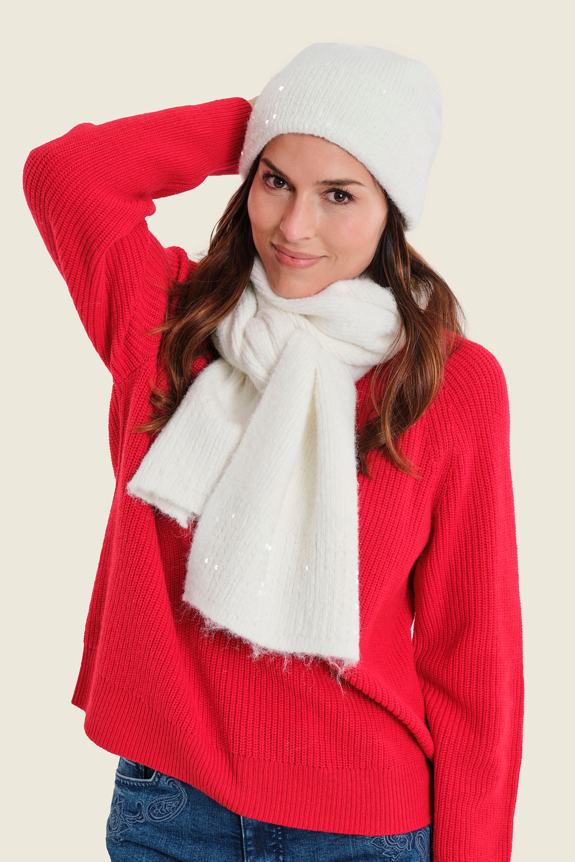 Strickschal mit Pailletten, Wollweiß