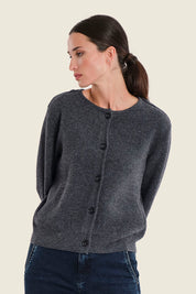 Strickjacke aus reiner Wolle mit Paspeltaschen, Grau meliert