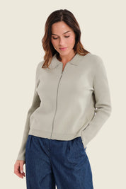 Strickjacke mit Reißverschluss und Kontrastärmeln, Moosgrün