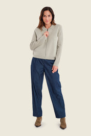 Strickjacke mit Reißverschluss und Kontrastärmeln, Moosgrün