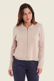 Strickjacke mit Reißverschluss und Kontrastärmeln, Eichenbeige