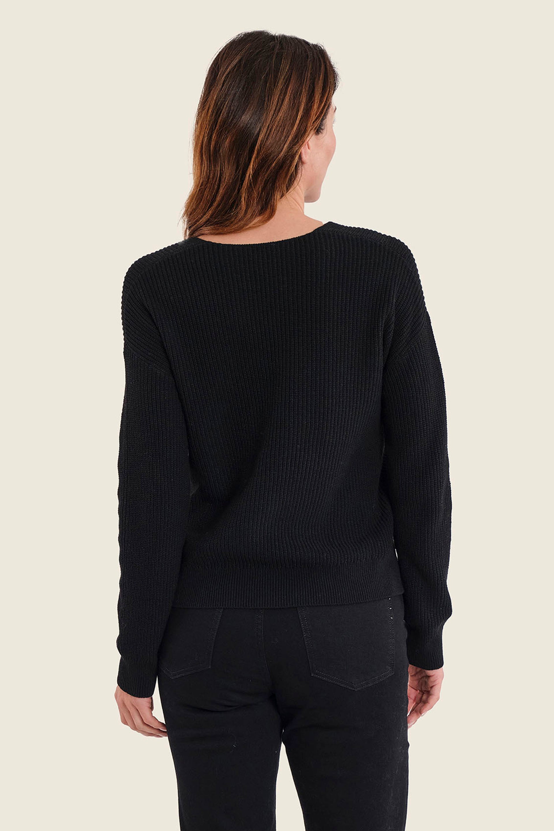 Pullover mit V-Ausschnitt und Rippeinsätzen, Schwarz