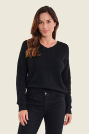 Pullover mit V-Ausschnitt und Rippeinsätzen, Schwarz