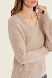 Pullover mit V-Ausschnitt und Rippeinsätzen, Silberbirke