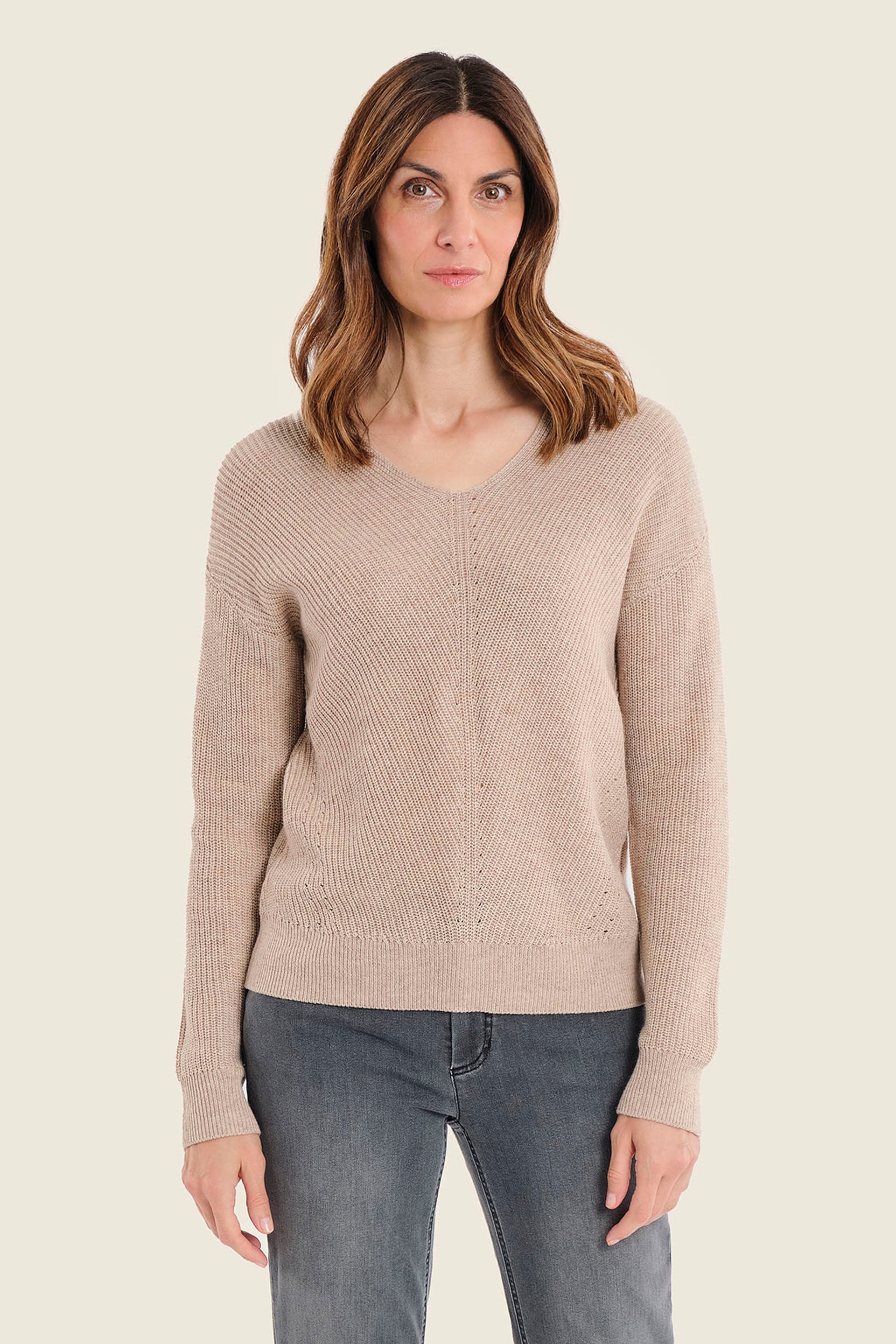 Pullover mit V-Ausschnitt und Rippeinsätzen, Silberbirke