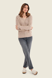 Pullover mit V-Ausschnitt und Rippeinsätzen, Silberbirke