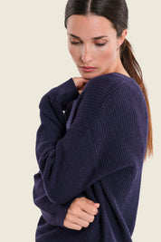 Pullover mit V-Ausschnitt und Rippeinsätzen, Marineblau