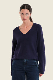 Pullover mit V-Ausschnitt und Rippeinsätzen, Marineblau