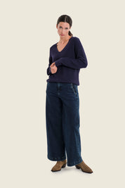 Pullover mit V-Ausschnitt und Rippeinsätzen, Marineblau