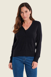 Strickjacke mit V-Ausschnitt und Kontrastbündchen, Schwarz