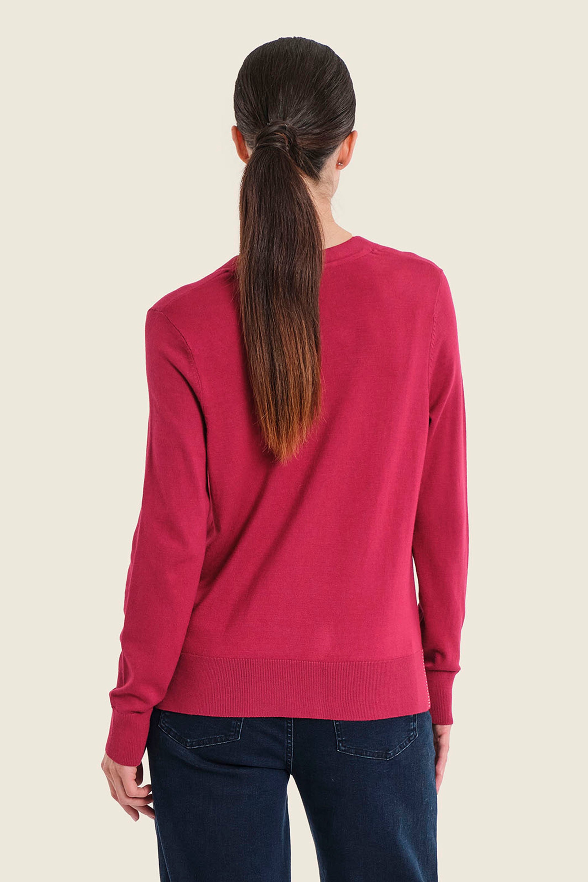 Strickjacke mit V-Ausschnitt und Kontrastbündchen, Rubinrot