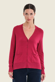 Strickjacke mit V-Ausschnitt und Kontrastbündchen, Rubinrot