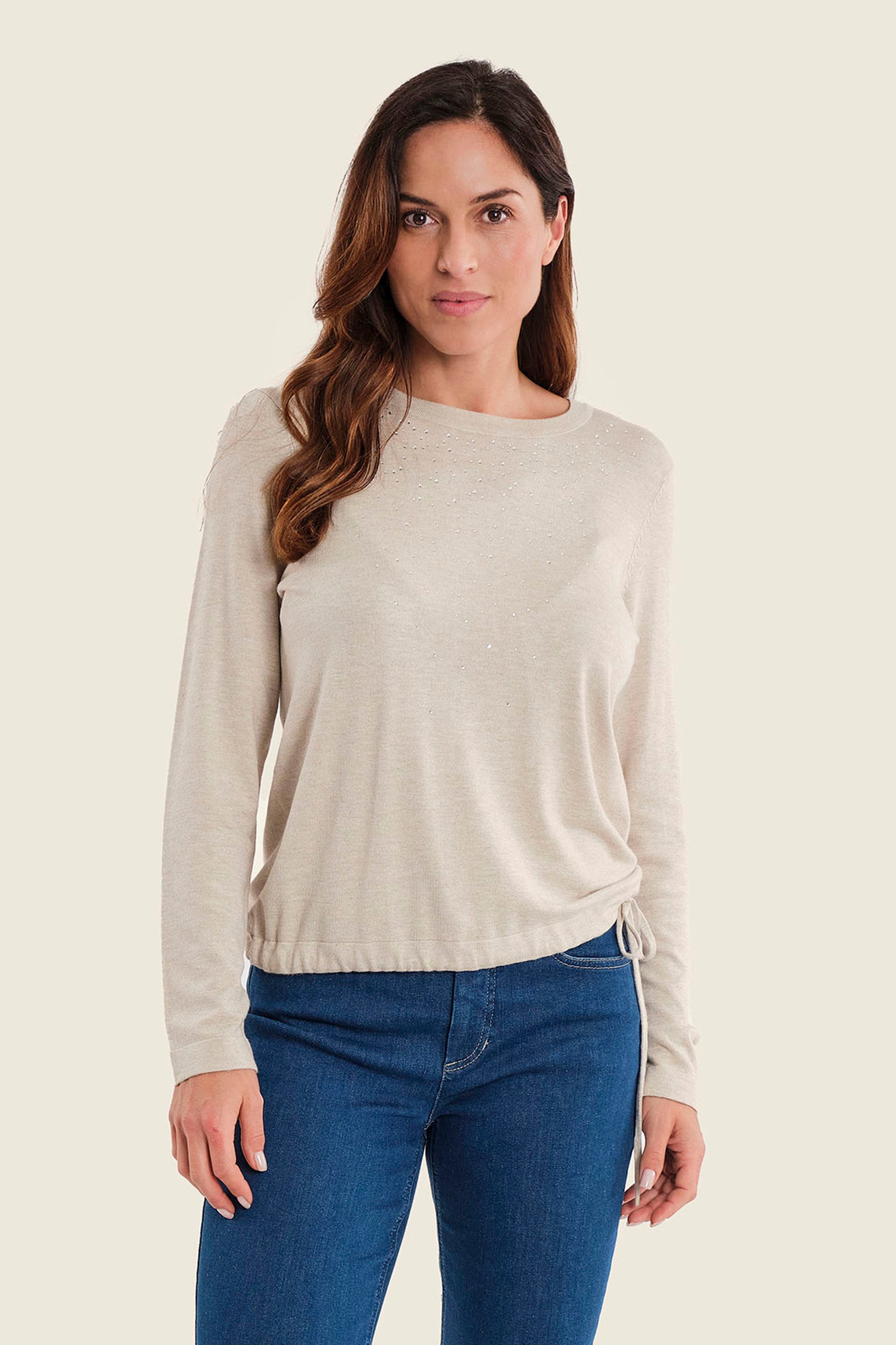 Feinstrickpullover mit Perlen, Eichenbeige