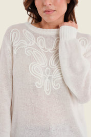 Pullover aus Woll-Alpaka-Mischung mit Stickerei, Wollweiß