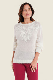 Pullover aus Woll-Alpaka-Mischung mit Stickerei, Wollweiß