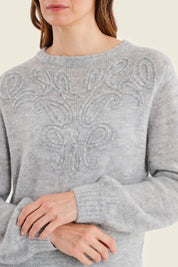 Pullover aus Woll-Alpaka-Mischung mit Stickerei, Perlgrau