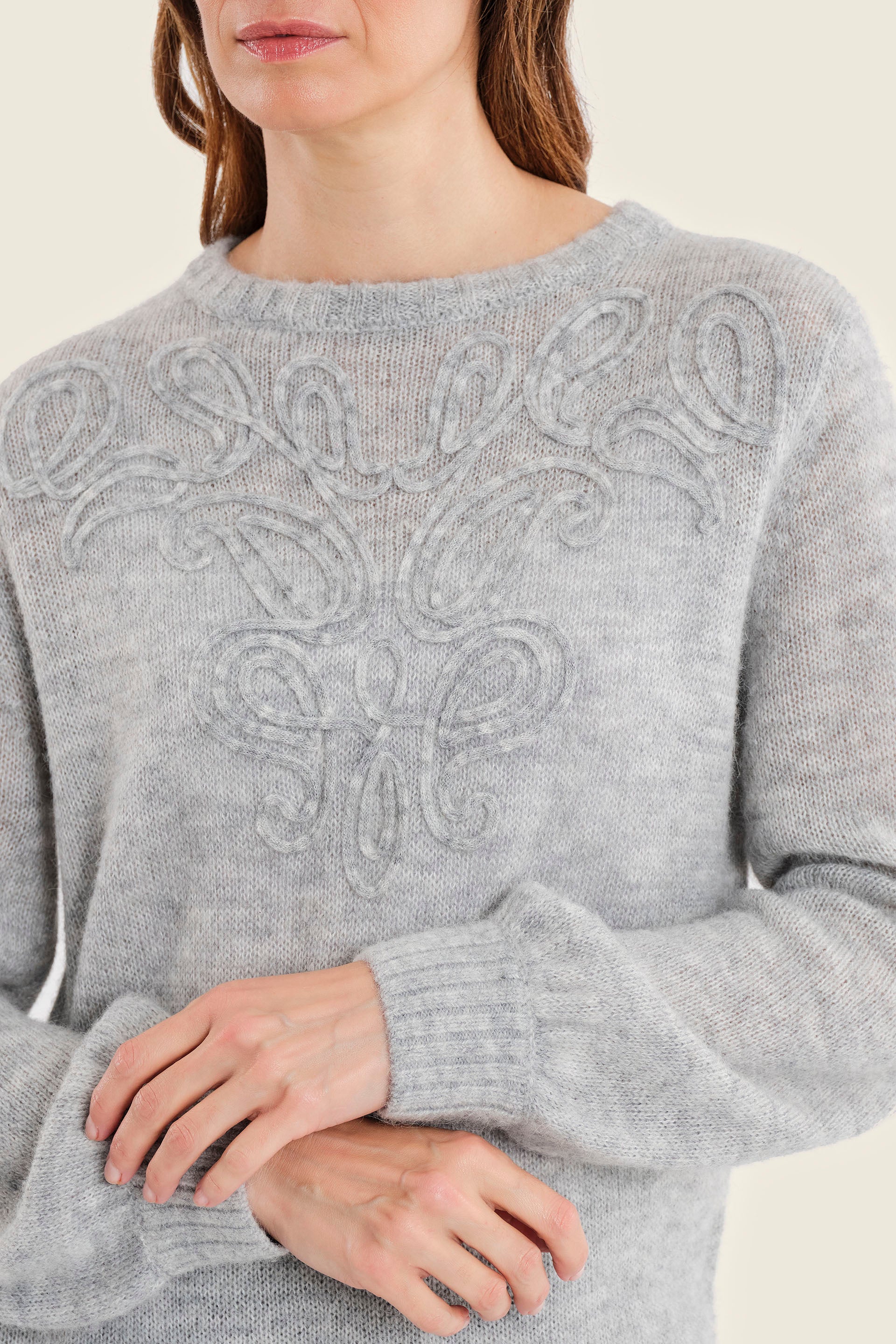 Pullover aus Woll-Alpaka-Mischung mit Stickerei, Perlgrau
