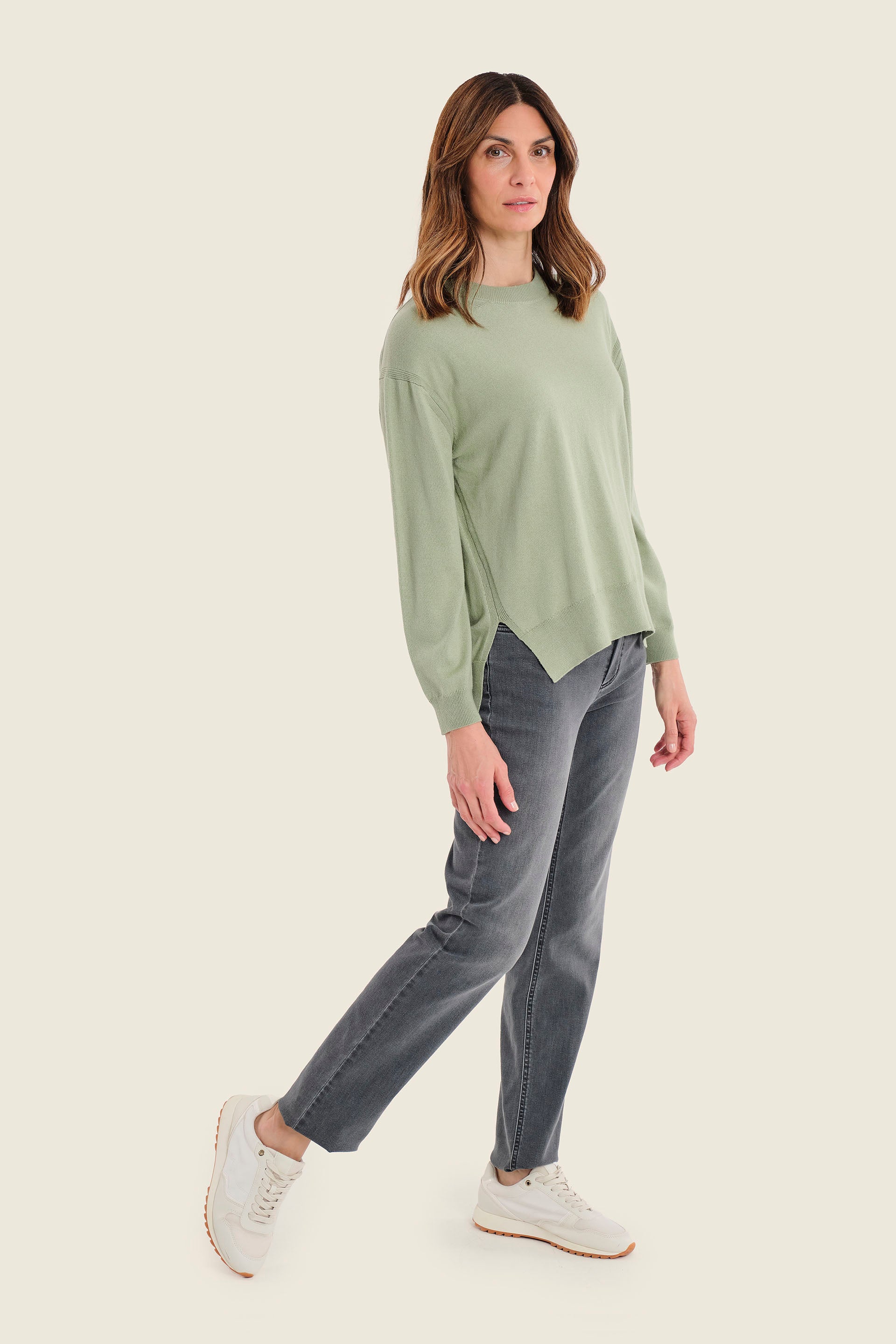 Pullover im Colour-Block mit gemustertem Vorderteil, Moosgrün
