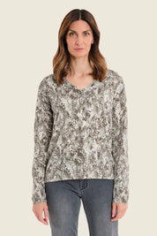 Pullover mit V-Ausschnitt und Allovermuster, Grün gemustert