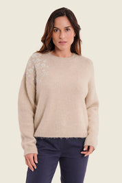 Pullover mit Blütenapplikation, Eichenbeige