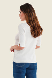 Kurzarmpullover mit hohem Ausschnitt, Wollweiß