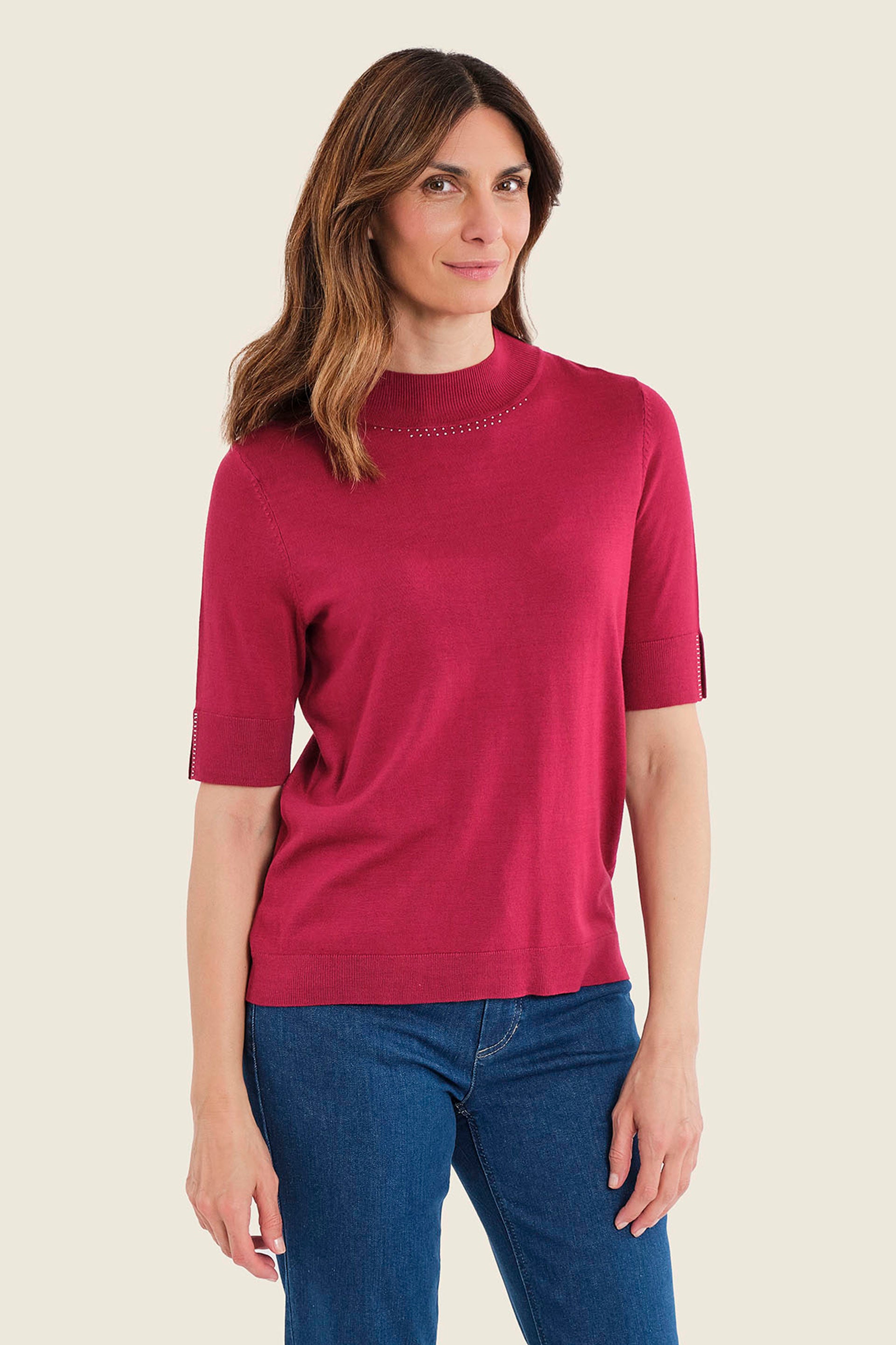 Kurzarmpullover mit hohem Ausschnitt, Rubinrot