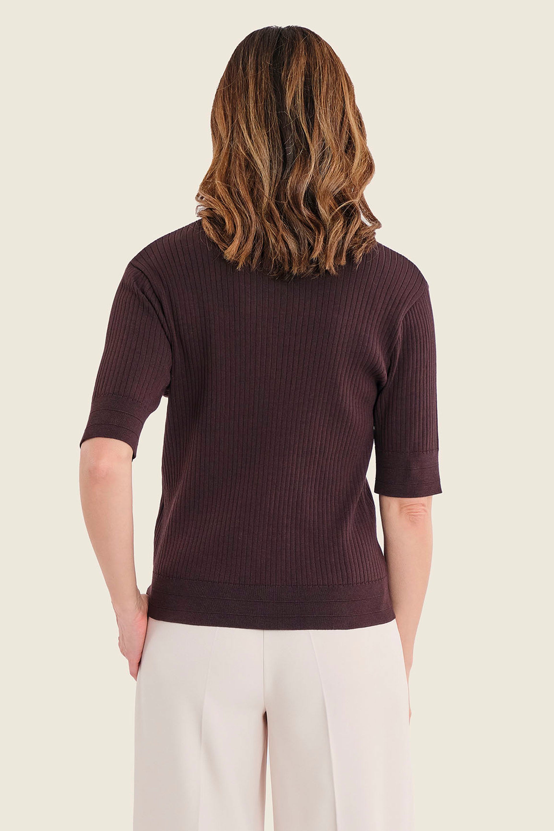 Strick-Poloshirt mit offenem Ausschnitt, Pflaumenbraun