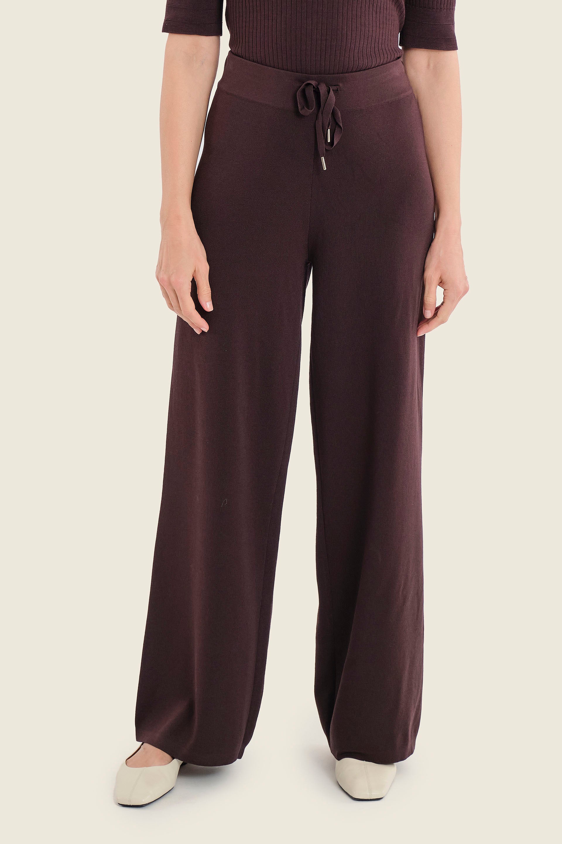 Weite Strickhose mit Tunnelzug, Pflaumenbraun