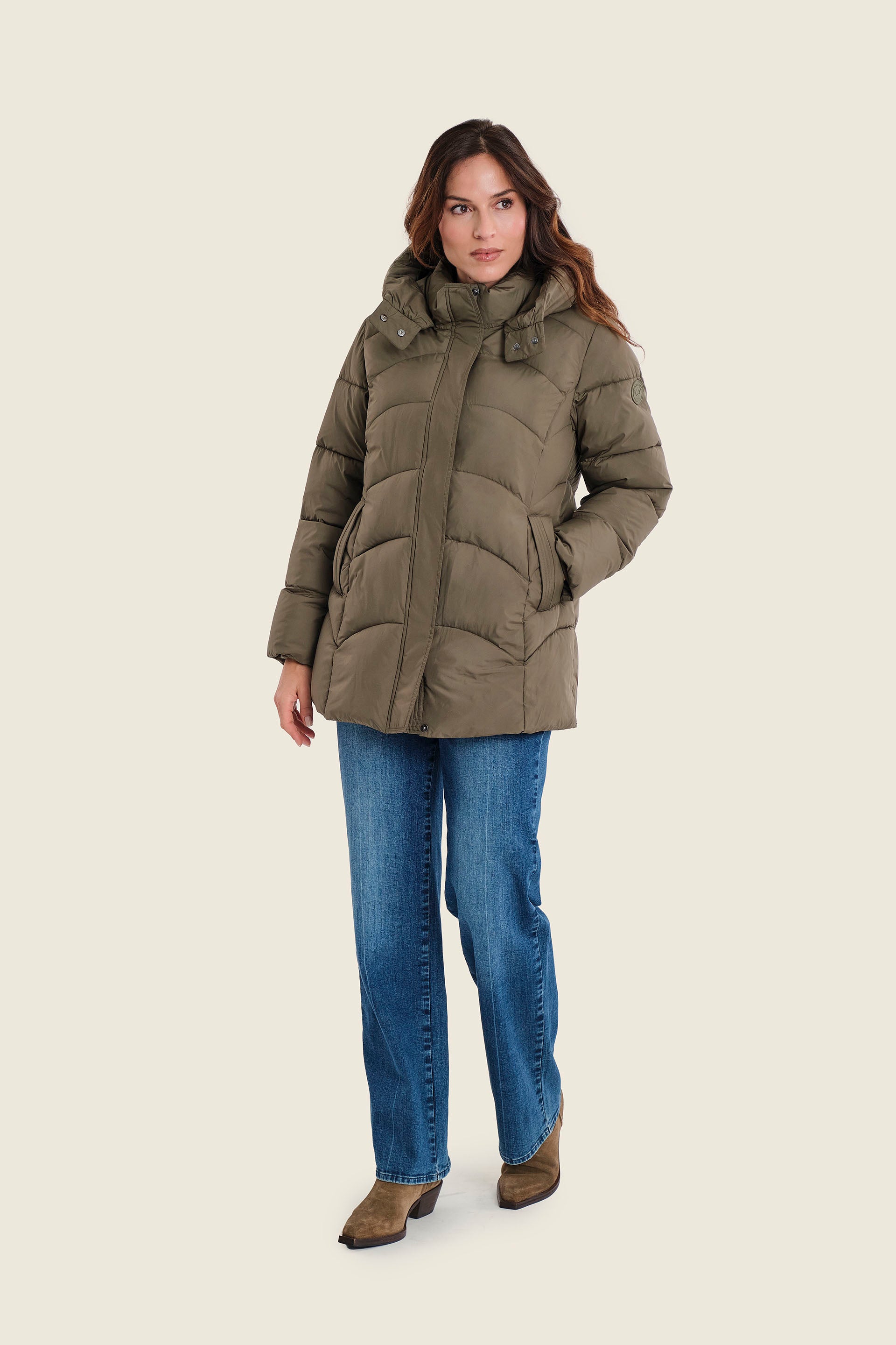Langer Steppparka mit Kapuze, Meeresgrün