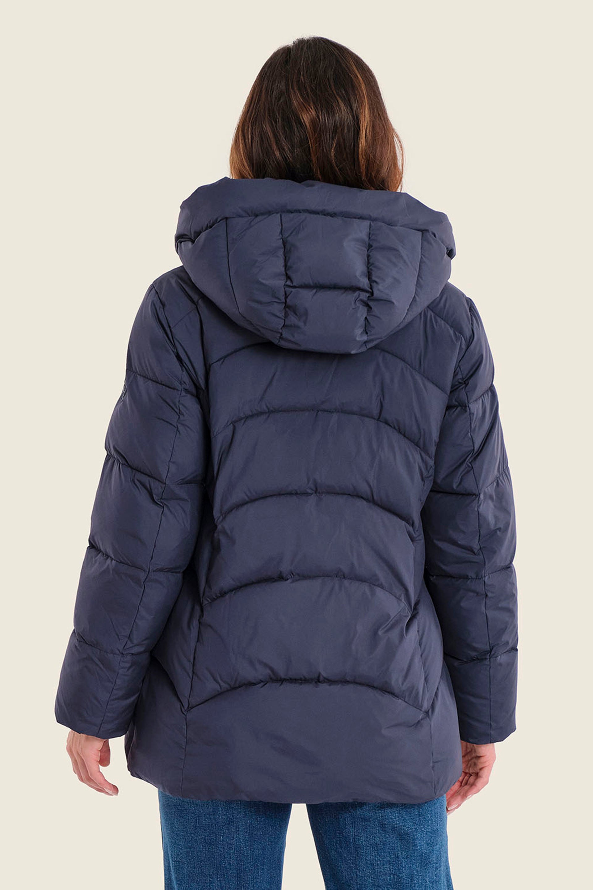 Langer Steppparka mit Kapuze, Marineblau