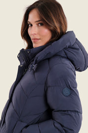 Langer Steppparka mit Kapuze, Marineblau