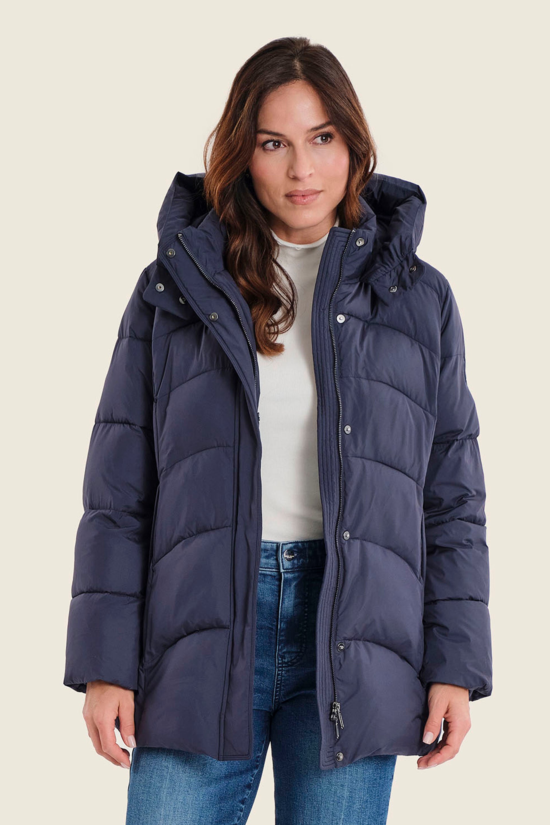 Langer Steppparka mit Kapuze, Marineblau