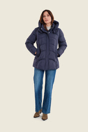 Langer Steppparka mit Kapuze, Marineblau