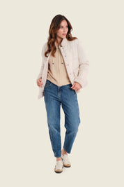 Kurze Steppjacke mit Plüschbesatz, Birkenbeige